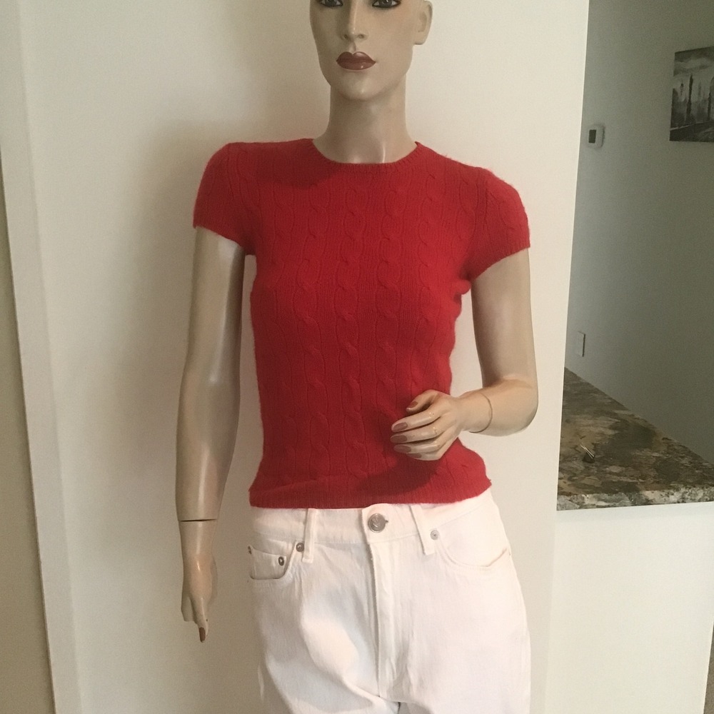 Ralph Lauren Black Label 100% Cashmere Red Cable Knit Cropped Sweater Slim Fit S
